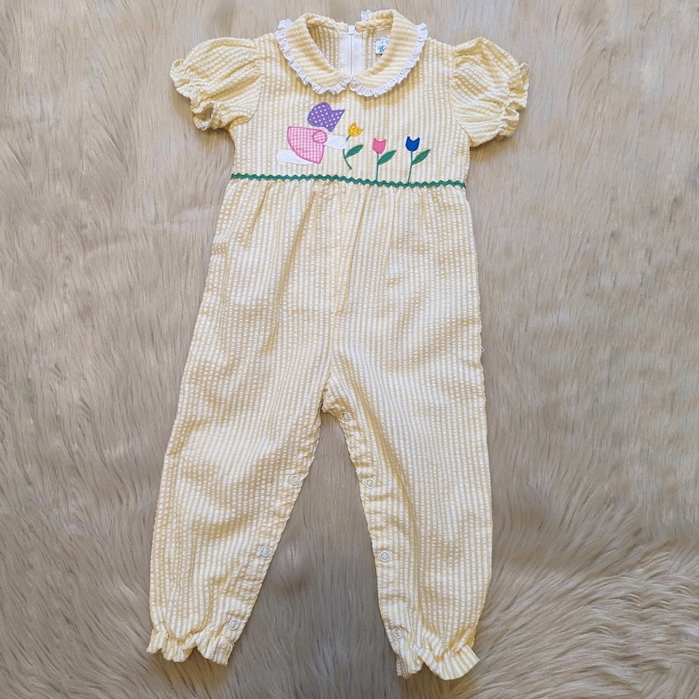 Vintage By Thomas pale yellow pinstripe jumper with girl and flowers size 18 M